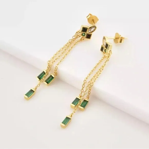 GOLD PLATED STERLING SILVER ART DECO MID CENTURY MODERN EMERALD ONYX DANGLE - Picture 3 of 10